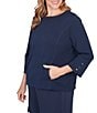 Ruby Rd. Plus Size Abstract Textured Pucker Knit Scoop Neck 3/4 Sleeve Top, Color:Navy - Image 4