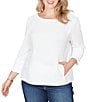 Ruby Rd. Plus Size Abstract Textured Pucker Knit Scoop Neck 3/4 Sleeve Top, Color:White - Image 1