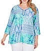 Color:Blue Moon Multi - Image 1 - Plus Size Allover Eyelet Printed Scalloped Lace V-Neck 3/4 Criss-Cross Sleeve Top