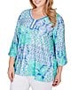 Color:Blue Moon Multi - Image 4 - Plus Size Allover Eyelet Printed Scalloped Lace V-Neck 3/4 Criss-Cross Sleeve Top