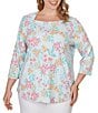 Ruby Rd. Plus Size Allover Floral Envelope Neck 3/4 Sleeve Knit Top - Image 1