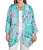 Color:Blue Moon Multi - Image 1 - Plus Size Bali Patchwork Print Shawl Collar 3/4 Sleeve Open-Front Cardigan