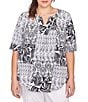 Ruby Rd. Plus Size Bali Patchwork Print Split V-Neck Short Sleeve Knit Tee, Color:Black Multi - Image 1