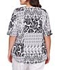 Ruby Rd. Plus Size Bali Patchwork Print Split V-Neck Short Sleeve Knit Tee, Color:Black Multi - Image 2