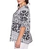 Ruby Rd. Plus Size Bali Patchwork Print Split V-Neck Short Sleeve Knit Tee, Color:Black Multi - Image 3