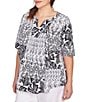 Ruby Rd. Plus Size Bali Patchwork Print Split V-Neck Short Sleeve Knit Tee, Color:Black Multi - Image 4
