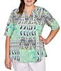 Ruby Rd. Plus Size Bali Patchwork Print Split V-Neck Short Sleeve Knit Tee, Color:Chambray Multi - Image 1