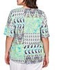 Ruby Rd. Plus Size Bali Patchwork Print Split V-Neck Short Sleeve Knit Tee, Color:Chambray Multi - Image 2