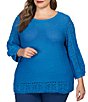 Color:Aegean Blue - Image 1 - Plus Size Boat Neck 3/4 Crochet Sleeve Sweater