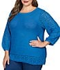 Color:Aegean Blue - Image 3 - Plus Size Boat Neck 3/4 Crochet Sleeve Sweater