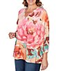 Ruby Rd. Plus Size Bold Floral Scalloped V-Neck 3/4 Sleeve Oversized Knit Top - Image 4