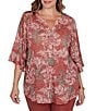 Ruby Rd. Plus Size Burnout Jersey Tropical Floral Henley Collar Elbow Length Flutter Sleeve Top - Image 1