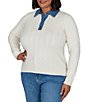 Ruby Rd. Plus Size Cable Knit Denim Point Collar Long Sleeve Sweater - Image 3