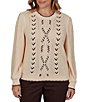 Ruby Rd. Plus Size Cable Knit Faux Leather Trim Scoop Neck Long Sleeve Sweater - Image 1