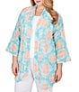 Color:Clear Blue Multi - Image 3 - Plus Size Car Diamond Sheer Printed 3/4 Sleeve Patch Pocket Open-Front Cardigan