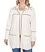 Ruby Rd. Plus Size Collared Long Sleeve Faux Suede Trim Open-Front Cardigan Jacket, Color:Ivory - Image 1
