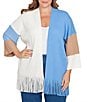 Ruby Rd. Plus Size Colorblock Long Sleeve Fringe Hem Open-Front Cardigan Sweater, Color:Ivory Multi - Image 1