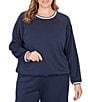 Ruby Rd. Plus Size Contrast Stripe Crew Neck Long Raglan Sleeve Cinched Bubble Hem Knit Top, Color:Navy - Image 1