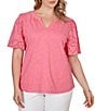 Ruby Rd. Plus Size Cotton Jersey Knit Split V-Neck Short Eyelet Sleeve Top - Image 1