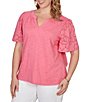 Ruby Rd. Plus Size Cotton Jersey Knit Split V-Neck Short Eyelet Sleeve Top - Image 3