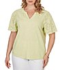 Ruby Rd. Plus Size Cotton Jersey Knit Split V-Neck Short Eyelet Sleeve Top - Image 5