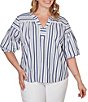 Ruby Rd. Plus Size Cotton Poplin Spliced Stripe Split V-Neck Elbow Sleeve Top - Image 1