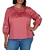 Ruby Rd. Plus Size Cotton Voile Embroidered Round Neck 3/4 Sleeve Top - Image 1