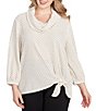 Ruby Rd. Plus Size Cowl Neck 3/4 Sleeve Side Tie Honeycomb Knit Top, Color:Ivory/Black - Image 1