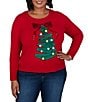 Ruby Rd. Plus Size Cozy Knit Christmas Tree Pom-Pom Ornament Scoop Neck Long Sleeve Top - Image 1