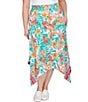 Color:Punch Multi - Image 1 - Plus Size Crepe Knit Tropical Geo Print Elastic Waist Asymmetrical Hem Midi Pull-On A-Line Skirt