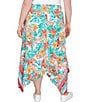 Color:Punch Multi - Image 2 - Plus Size Crepe Knit Tropical Geo Print Elastic Waist Asymmetrical Hem Midi Pull-On A-Line Skirt