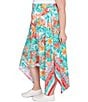 Color:Punch Multi - Image 3 - Plus Size Crepe Knit Tropical Geo Print Elastic Waist Asymmetrical Hem Midi Pull-On A-Line Skirt