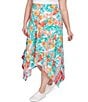 Color:Punch Multi - Image 4 - Plus Size Crepe Knit Tropical Geo Print Elastic Waist Asymmetrical Hem Midi Pull-On A-Line Skirt