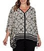 Ruby Rd. Plus Size Crepe Shibori Geometric V-Neck Short Sleeve Contrast Trim Top - Image 1