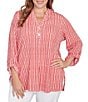 Ruby Rd. Plus Size Crinkle Knit Stripe V-Neck Long Roll-Tab Sleeve Henley Top, Color:Chili/Multi - Image 1