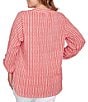 Ruby Rd. Plus Size Crinkle Knit Stripe V-Neck Long Roll-Tab Sleeve Henley Top, Color:Chili/Multi - Image 2