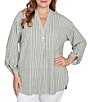 Ruby Rd. Plus Size Crinkle Knit Stripe V-Neck Long Roll-Tab Sleeve Henley Top, Color:Bay Leaf Multi - Image 1