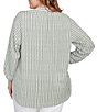 Ruby Rd. Plus Size Crinkle Knit Stripe V-Neck Long Roll-Tab Sleeve Henley Top, Color:Bay Leaf Multi - Image 2