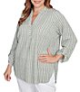 Ruby Rd. Plus Size Crinkle Knit Stripe V-Neck Long Roll-Tab Sleeve Henley Top, Color:Bay Leaf Multi - Image 4