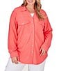Color:Guava - Image 1 - Plus Size Crinkle Pucker Point Collar Long Sleeve Flap Pocket Button-Front Shirt Jacket