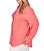 Color:Guava - Image 4 - Plus Size Crinkle Pucker Point Collar Long Sleeve Flap Pocket Button-Front Shirt Jacket
