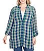 Ruby Rd. Plus Size Crinkle Woven Plaid Collared V-Neck Long Roll-Tab Sleeve Button-Front Shirt, Color:Teal Multi - Image 1