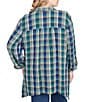 Ruby Rd. Plus Size Crinkle Woven Plaid Collared V-Neck Long Roll-Tab Sleeve Button-Front Shirt, Color:Teal Multi - Image 2