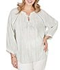 Ruby Rd. Plus Size Crinkle Woven Striped Split V-Neck Tie-Front Peasant Top - Image 1