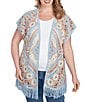 Ruby Rd. Plus Size Crochet Geometric Cap Sleeve Open-Front Cardigan, Color:Blue Sky Multi - Image 1
