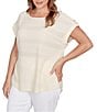 Ruby Rd. Plus Size Crochet Knit Boat Neck Short Button Tab Sleeve Top, Color:Canvas - Image 4