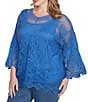 Ruby Rd. Plus Size Crochet Medallion Floral Pattern Scoop Neck 3/4 Wide Flared Sleeve Top, Color:Ultramarine - Image 4