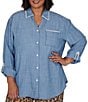 Ruby Rd. Plus Size Crosshatch Tencel Point Collar 3/4 Sleeve Crochet Trim Whipstitch Embroidery Button Front Shirt - Image 1