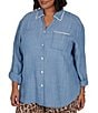 Ruby Rd. Plus Size Crosshatch Tencel Point Collar 3/4 Sleeve Crochet Trim Whipstitch Embroidery Button Front Shirt - Image 3