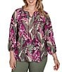 Ruby Rd. Plus Size Desertwillow Slub Knit Split V-Neck 3/4 Cuffed Sleeve Tassel Tie Top - Image 1